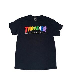 Thrasher magazine Vtg‎ Men's Black T-Shirt Medium Rainbow Logo Skate Streetwear
